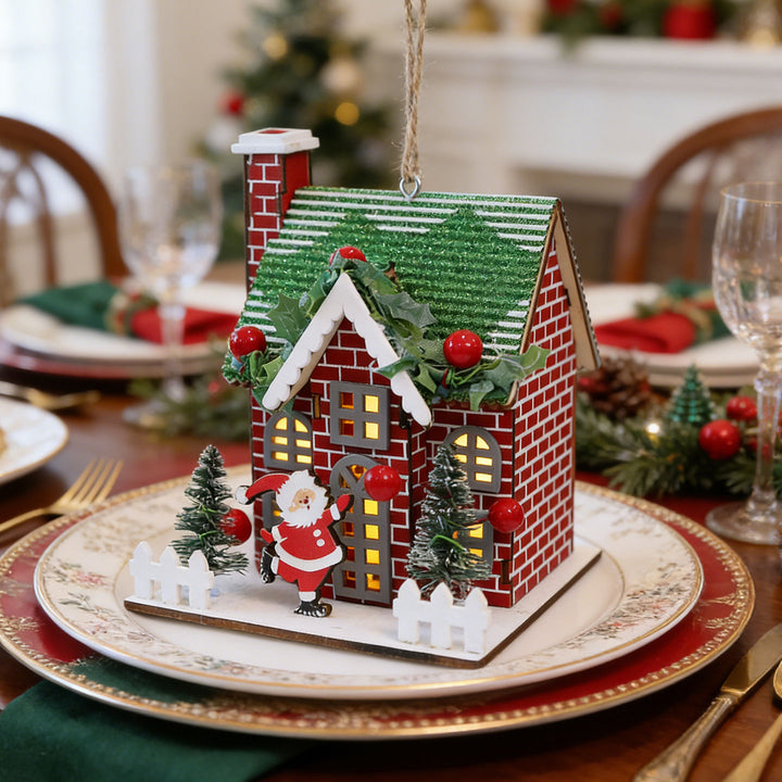 Decorative wooden Christmas house as hanging decoration or display piece