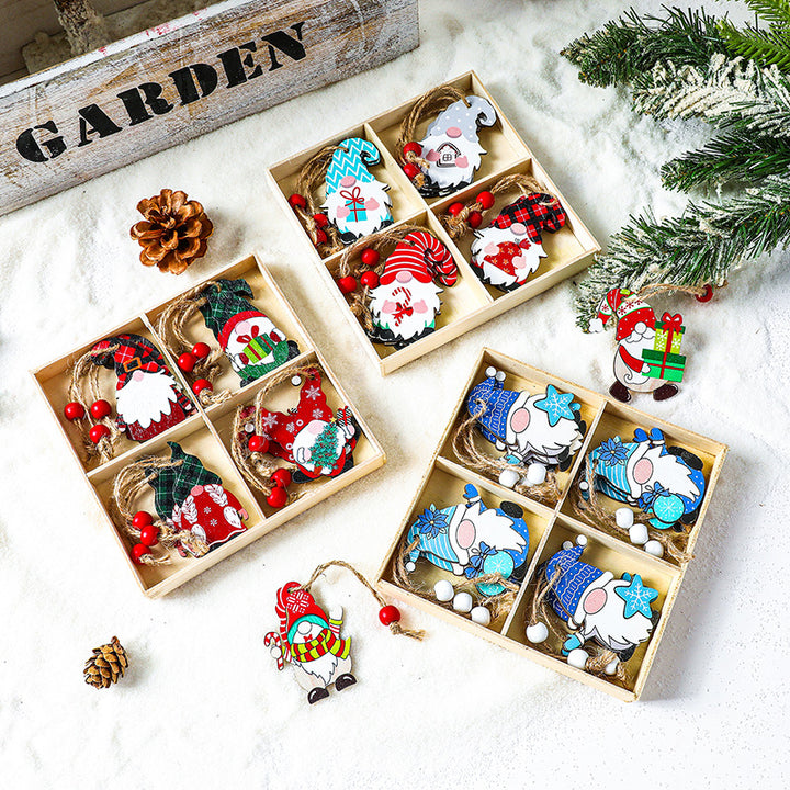 Christmas wooden pendant set, 4-piece box with gnome motifs