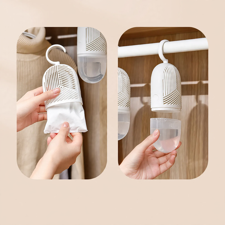 Hanging dehumidifier box for wardrobes