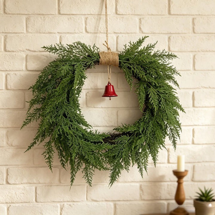 Christmas wreath with pine needles and bells