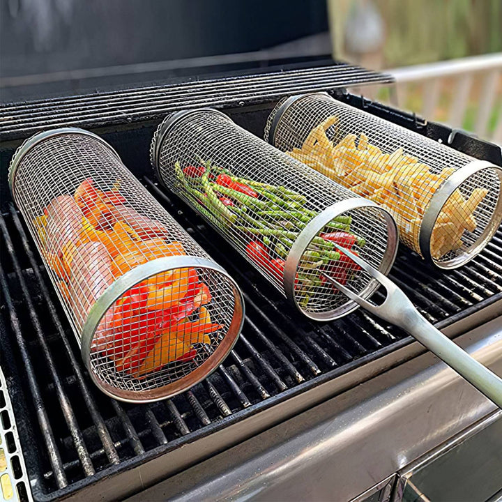 Stornfield | 2 pièces : Panier roulant portable BBQ Grill rond en acier inoxydable