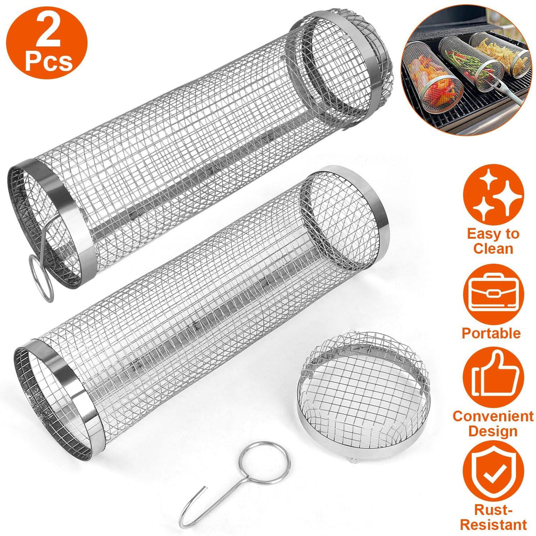 Stornfield | 2 pièces : Panier roulant portable BBQ Grill rond en acier inoxydable