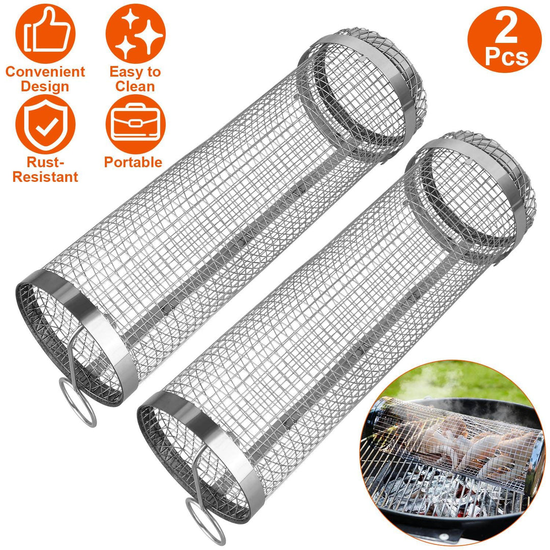 Stornfield | 2 pièces : Panier roulant portable BBQ Grill rond en acier inoxydable