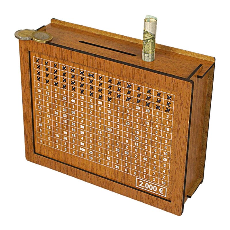Wooden money box with engraved figures | Stornfield