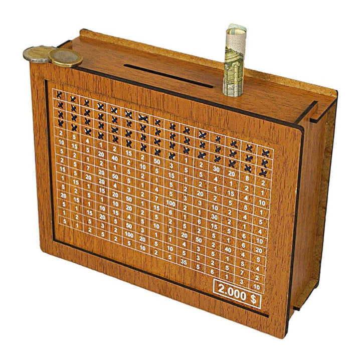 Wooden money box with engraved figures | Stornfield