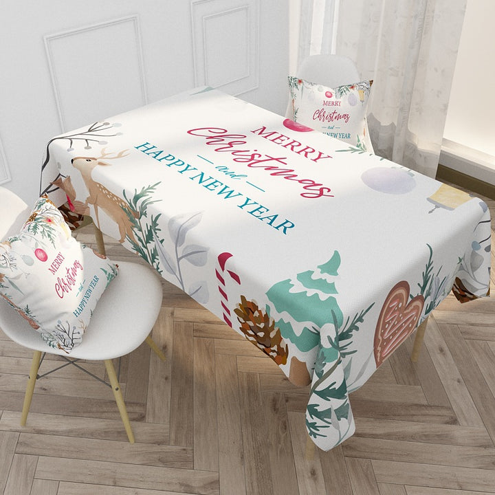 Festive Printed Waterproof Polyester Holiday Rectangular Tablecloth and Cushion Cover Set