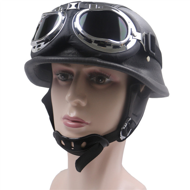 Vintage Leather Motorcycle Helmet with Chrome Goggles Stornfield