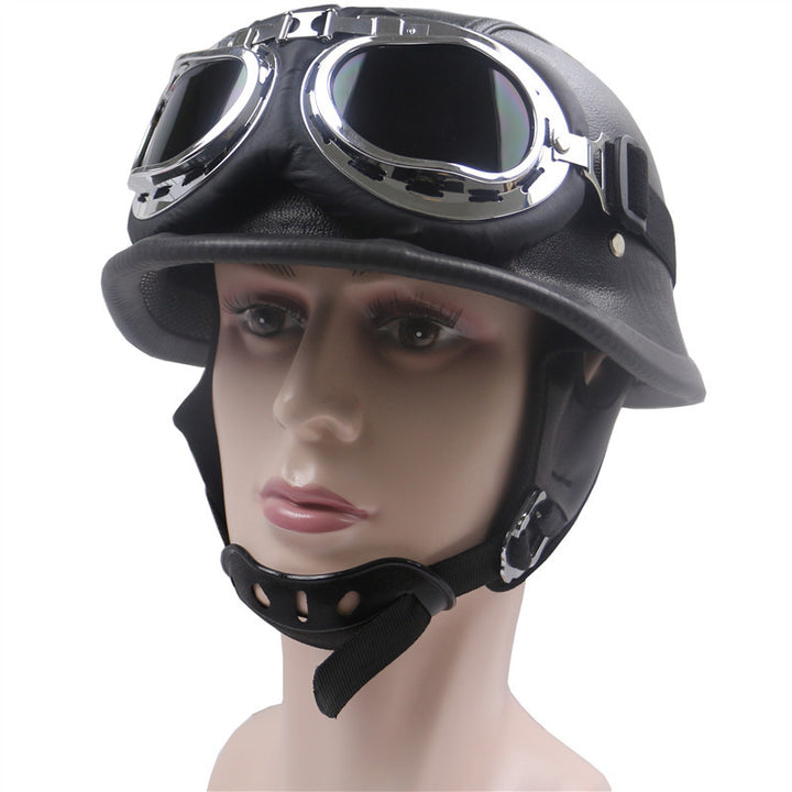 Vintage Leather Motorcycle Helmet with Chrome Goggles Stornfield