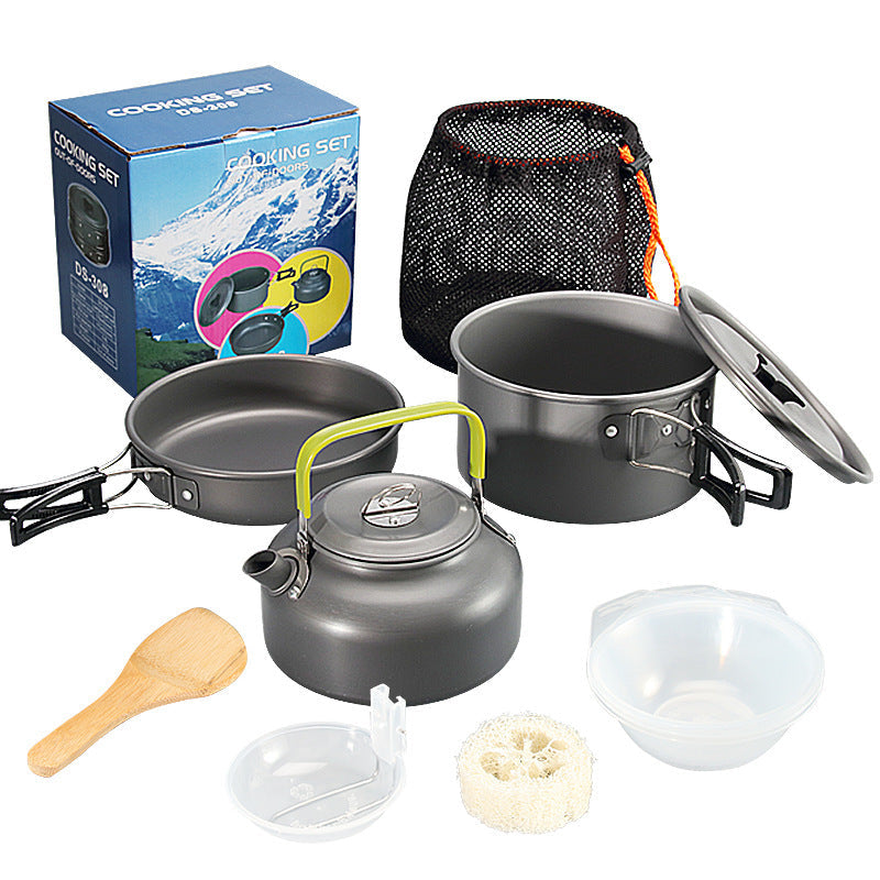 lightweight collapsible camping cookware kit with nonstick anodized pots pan kettle and folding handles Stornfield