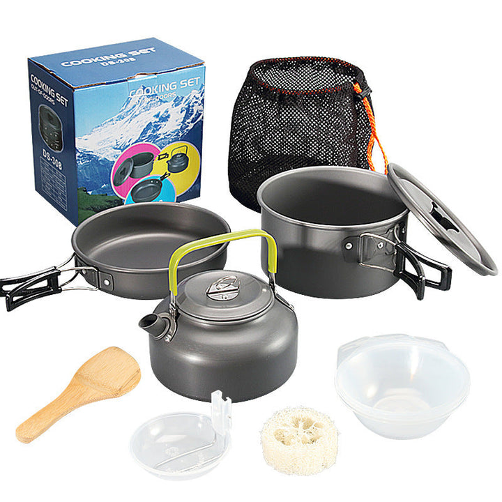 lightweight collapsible camping cookware kit with nonstick anodized pots pan kettle and folding handles Stornfield