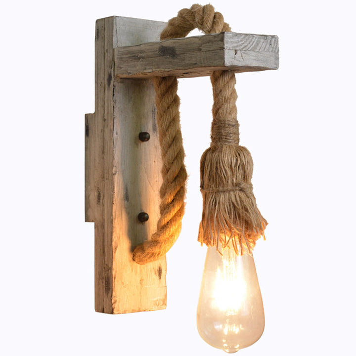 L-Arm Wood Wall Lamp Industrial 1 Head Corridor Wall Lighting Ideas with Rope Cord in Grey | Stornfield