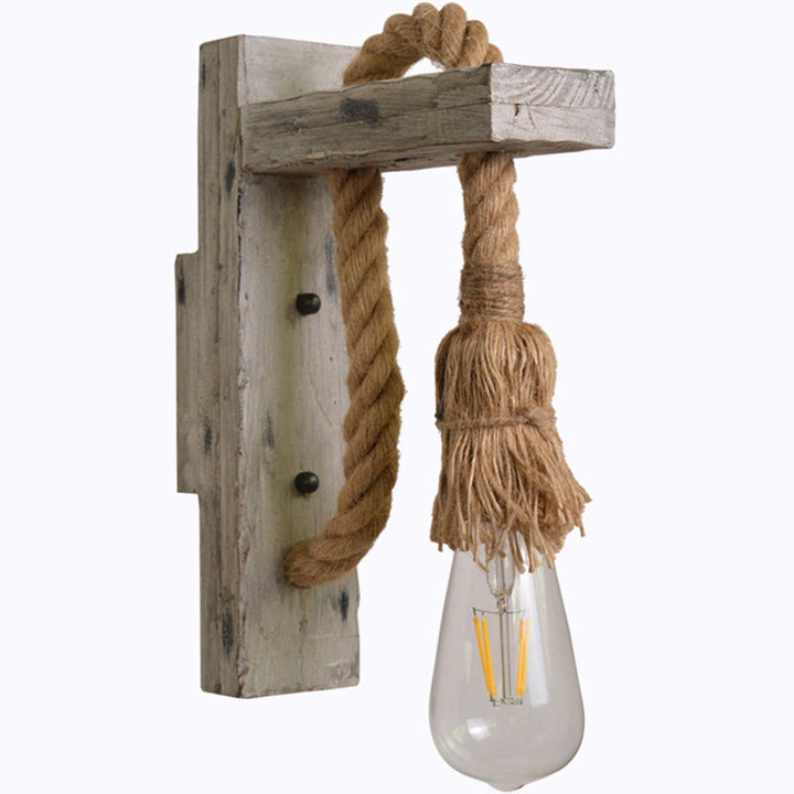 L-Arm Wood Wall Lamp Industrial 1 Head Corridor Wall Lighting Ideas with Rope Cord in Grey | Stornfield