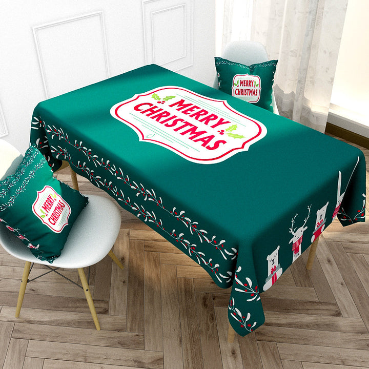 Festive Printed Waterproof Polyester Holiday Rectangular Tablecloth and Cushion Cover Set