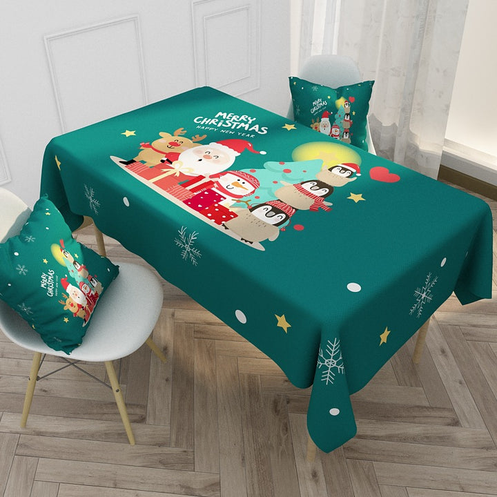 Festive Printed Waterproof Polyester Holiday Rectangular Tablecloth and Cushion Cover Set