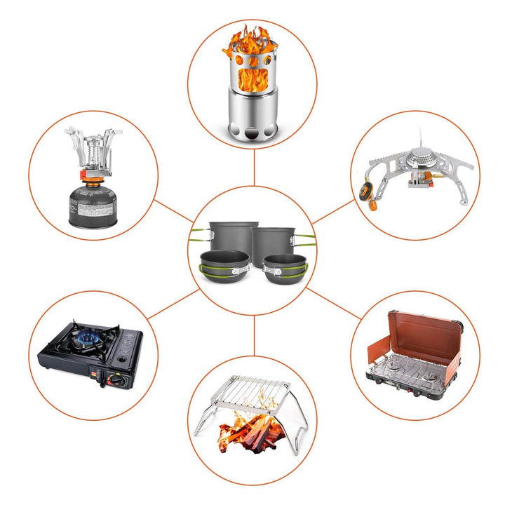 lightweight portable camping cookware and compact backpacking stove set with nonstick nesting pots folding handles stainless steel cup and nesting utensils Stornfield