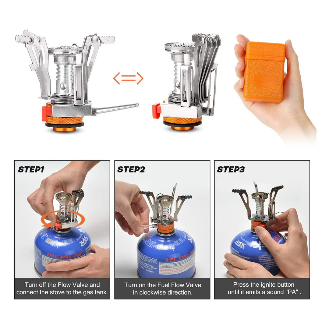 lightweight portable camping cookware and compact backpacking stove set with nonstick nesting pots folding handles stainless steel cup and nesting utensils Stornfield