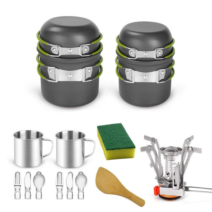 lightweight portable camping cookware and compact backpacking stove set with nonstick nesting pots folding handles stainless steel cup and nesting utensils Stornfield