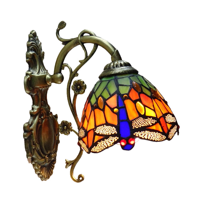Stornfield | Tiffany Style Dragonfly Hand-Cut Glass 1-Light Wall Sconce with Sculpted Backplate