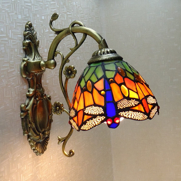 Stornfield | Tiffany Style Dragonfly Hand-Cut Glass 1-Light Wall Sconce with Sculpted Backplate