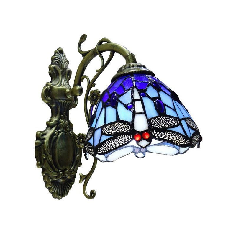Stornfield | Tiffany Style Dragonfly Hand-Cut Glass 1-Light Wall Sconce with Sculpted Backplate