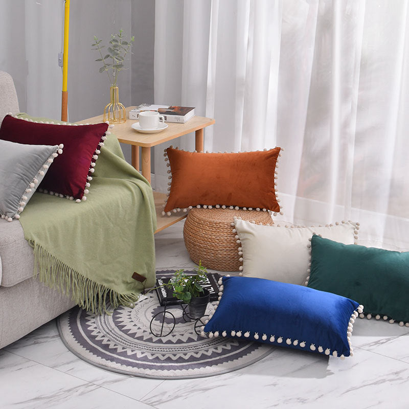 Rectangular Pom-Pom Trim Lumbar Pillow Cover Cotton-Linen Blend with Hidden Zipper