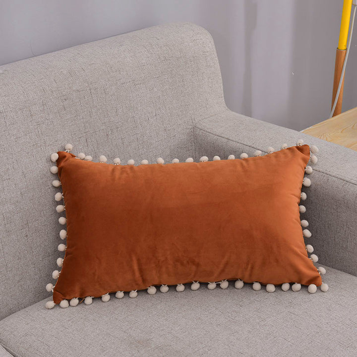 Rectangular Pom-Pom Trim Lumbar Pillow Cover Cotton-Linen Blend with Hidden Zipper