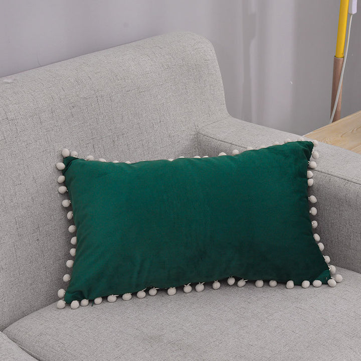 Rectangular Pom-Pom Trim Lumbar Pillow Cover Cotton-Linen Blend with Hidden Zipper