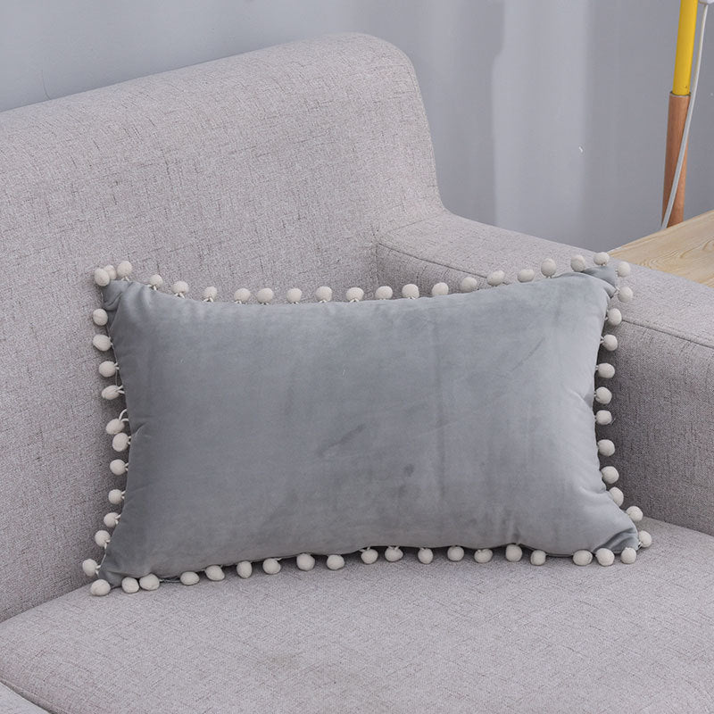 Rectangular Pom-Pom Trim Lumbar Pillow Cover Cotton-Linen Blend with Hidden Zipper