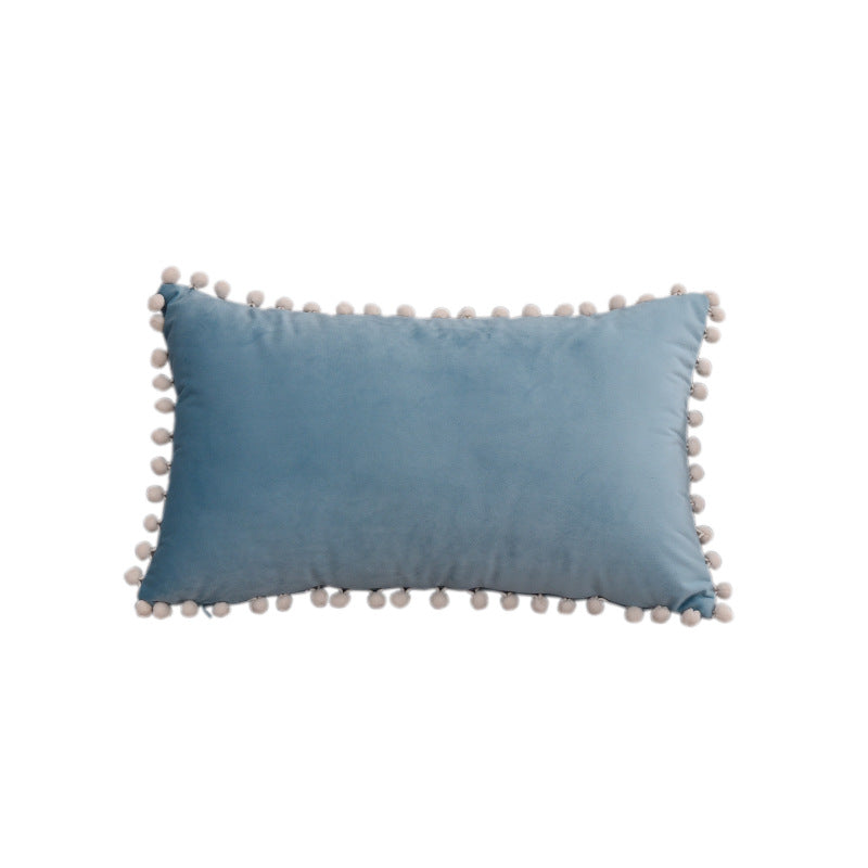 Rectangular Pom-Pom Trim Lumbar Pillow Cover Cotton-Linen Blend with Hidden Zipper