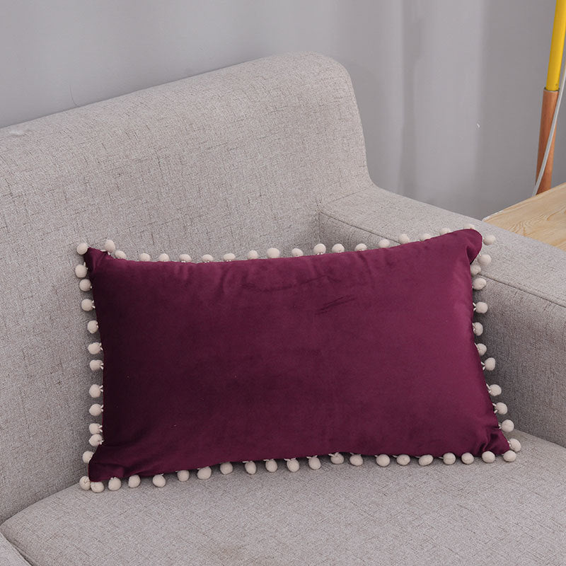Rectangular Pom-Pom Trim Lumbar Pillow Cover Cotton-Linen Blend with Hidden Zipper