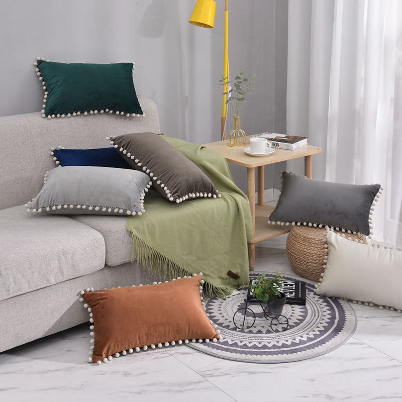 Rectangular Pom-Pom Trim Lumbar Pillow Cover Cotton-Linen Blend with Hidden Zipper