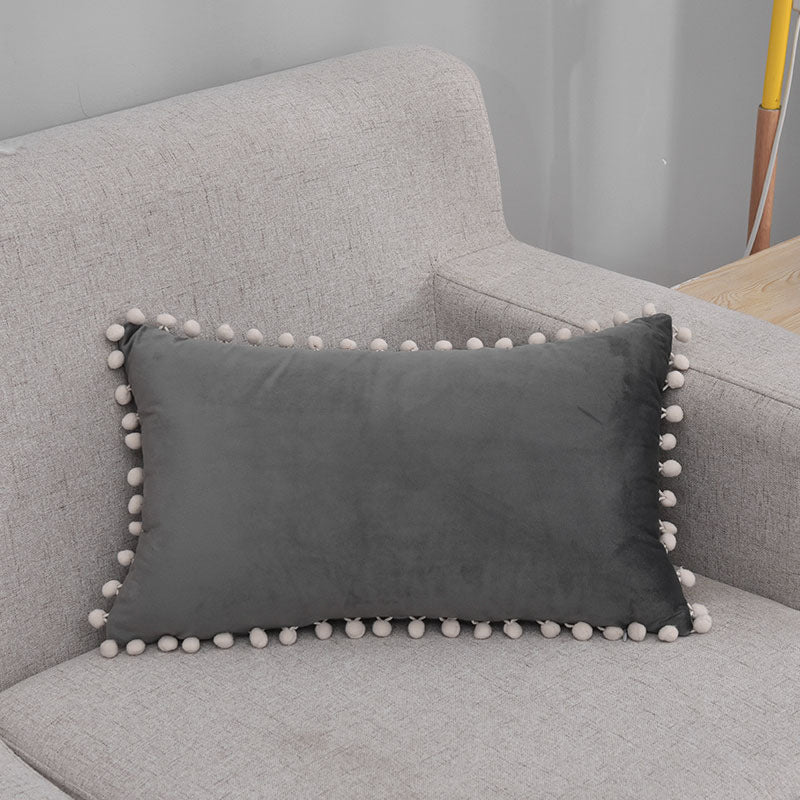 Rectangular Pom-Pom Trim Lumbar Pillow Cover Cotton-Linen Blend with Hidden Zipper