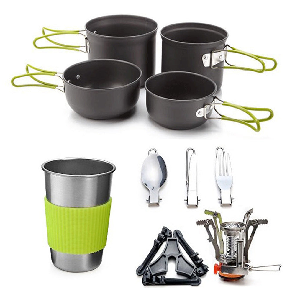 lightweight portable camping cookware and compact backpacking stove set with nonstick nesting pots folding handles stainless steel cup and nesting utensils Stornfield