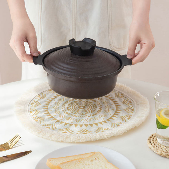 Round woven placemat with fringes and mandala jacquard structure Stornfield