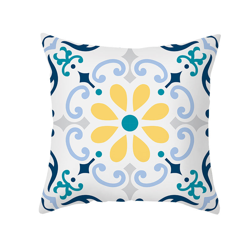 Square Decorative Throw Pillow Cover Mediterranean Tile Floral Motif with Hidden Zipper