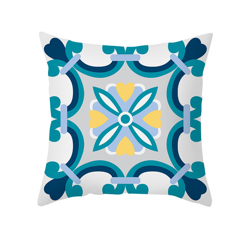 Square Decorative Throw Pillow Cover Mediterranean Tile Floral Motif with Hidden Zipper