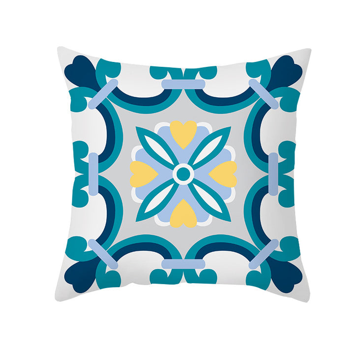 Square Decorative Throw Pillow Cover Mediterranean Tile Floral Motif with Hidden Zipper