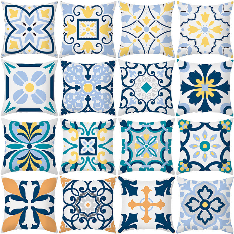 Square Decorative Throw Pillow Cover Mediterranean Tile Floral Motif with Hidden Zipper