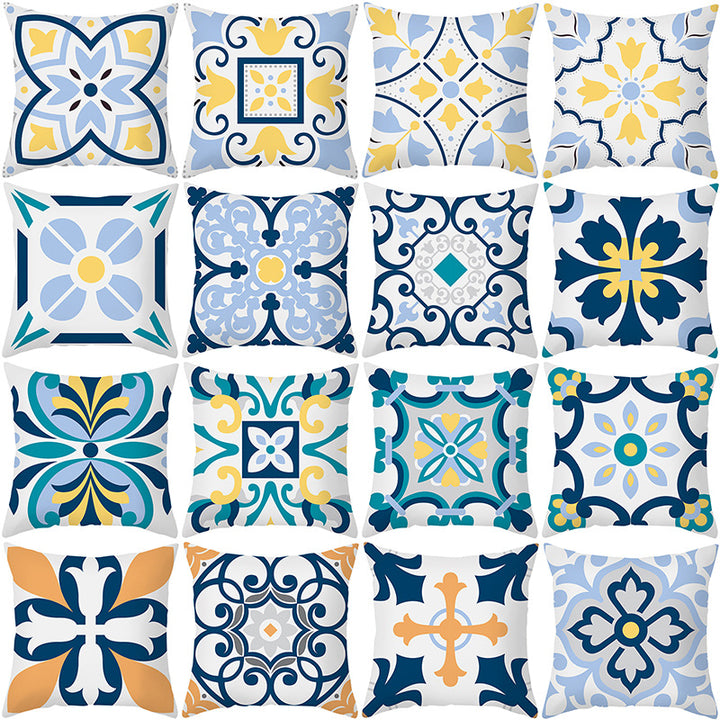 Square Decorative Throw Pillow Cover Mediterranean Tile Floral Motif with Hidden Zipper