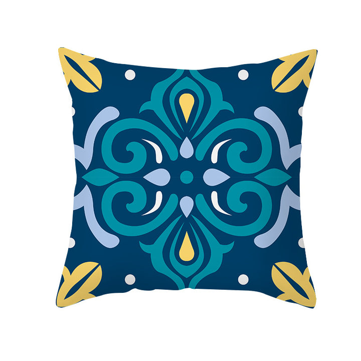 Square Modern Geometric Tile-Pattern Linen-Blend Throw Pillow Cover