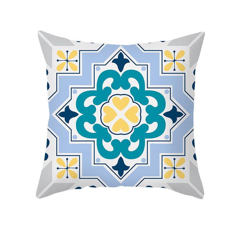 Square Modern Geometric Tile-Pattern Linen-Blend Throw Pillow Cover