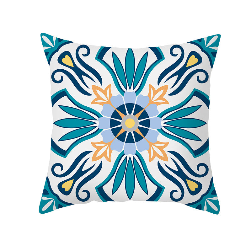 Square Modern Geometric Tile-Pattern Linen-Blend Throw Pillow Cover
