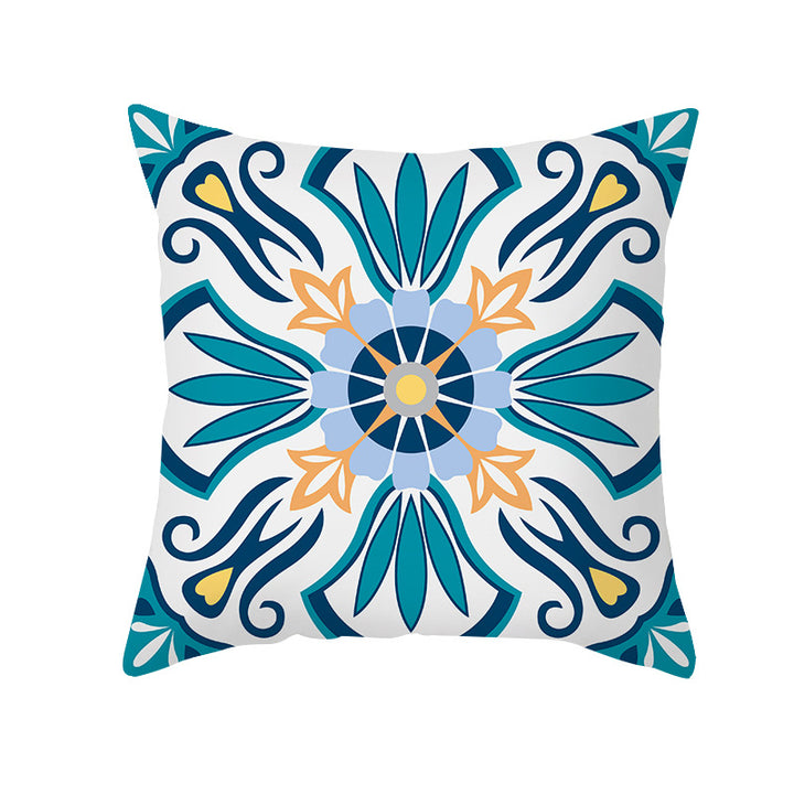 Square Modern Geometric Tile-Pattern Linen-Blend Throw Pillow Cover