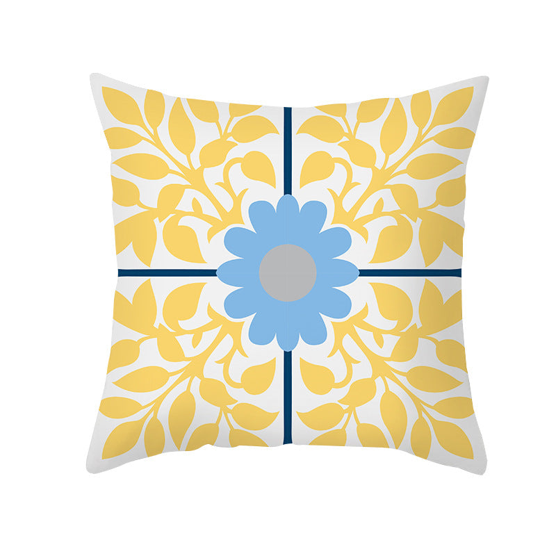 Square Modern Geometric Tile-Pattern Linen-Blend Throw Pillow Cover