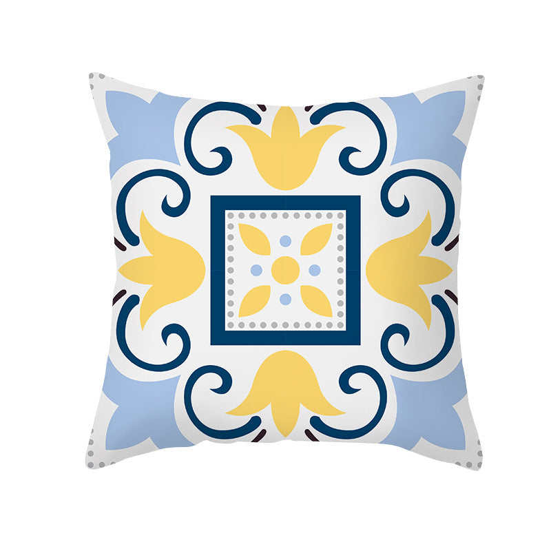 Square Decorative Throw Pillow Cover Mediterranean Tile Floral Motif with Hidden Zipper