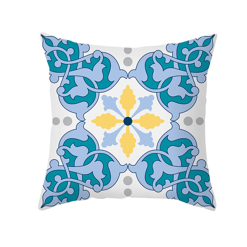 Square Decorative Throw Pillow Cover Mediterranean Tile Floral Motif with Hidden Zipper