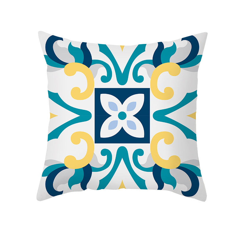 Square Decorative Throw Pillow Cover Mediterranean Tile Floral Motif with Hidden Zipper