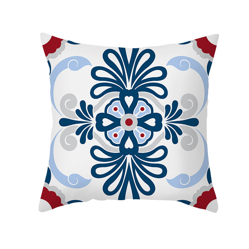 Square Modern Geometric Tile-Pattern Linen-Blend Throw Pillow Cover