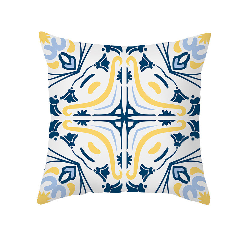 Square Modern Geometric Tile-Pattern Linen-Blend Throw Pillow Cover