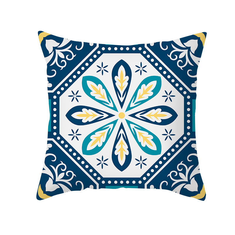 Square Modern Geometric Tile-Pattern Linen-Blend Throw Pillow Cover